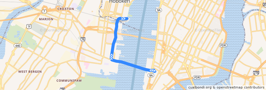 Mapa del recorrido PATH: WTC → Hoboken de la línea  en ایالات متحده آمریکا.