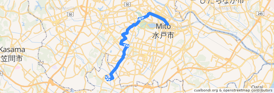 Mapa del recorrido 茨城交通バス37系統 水戸医療センター⇒桜ノ牧高校・清水⇒水戸駅 de la línea  en Mito.