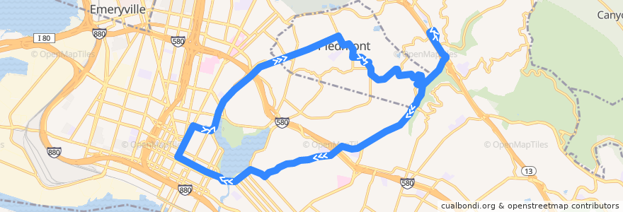Mapa del recorrido AC Transit 33: Montclair => Piedmont => Inverleith Terrace & Estates Drive (weekdays) de la línea  en 奥克兰/奧克蘭/屋崙.