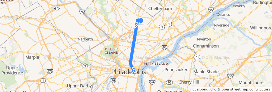 Mapa del recorrido SEPTA Broad-Ridge Spur: 8th & Market => Fern Rock de la línea  en Philadelphia County.