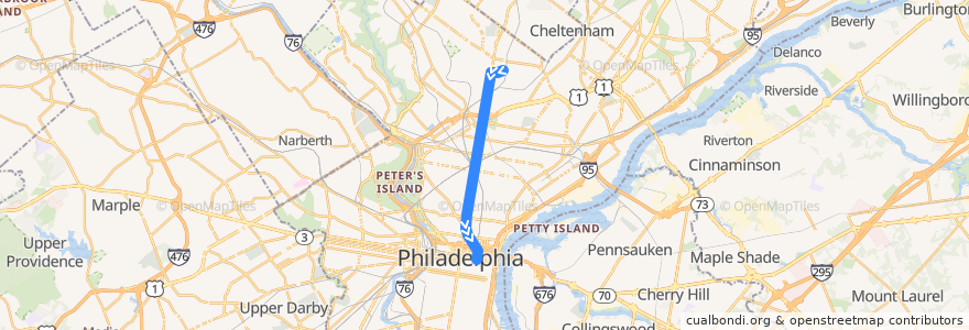 Mapa del recorrido SEPTA Broad-Ridge Spur: Fern Rock => 8th & Market de la línea  en Philadelphia County.
