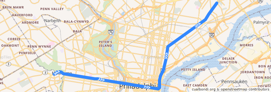 Mapa del recorrido SEPTA Market-Frankford Line: 69th Street => Frankford de la línea  en Philadelphia.