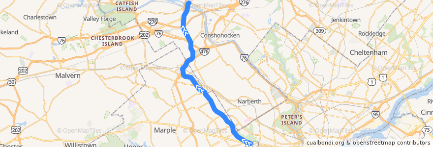 Mapa del recorrido SEPTA Norristown High Speed Line: 69th Street => Norristown de la línea  en بنسيلفانيا.