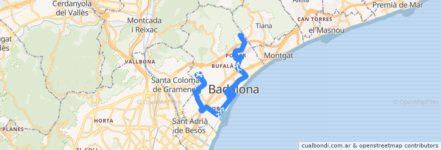 Mapa del recorrido B4 Badalona Montigalà - Mas Ram de la línea  en Badalona.