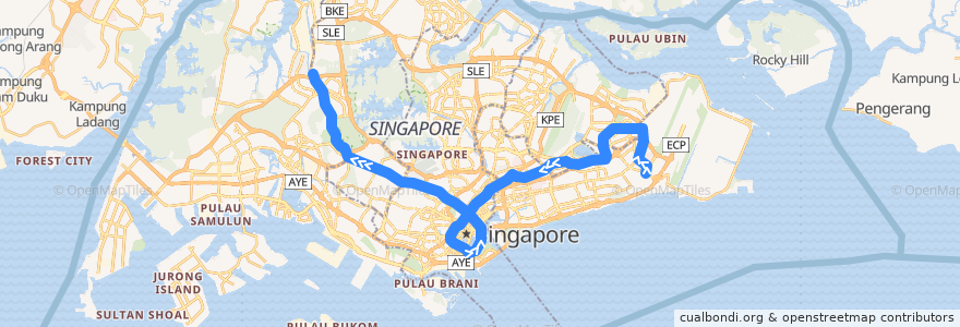 Mapa del recorrido MRT Downtown Line (Expo --> Bukit Panjang) de la línea  en Singapur.
