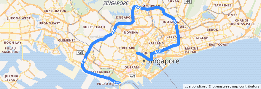 Mapa del recorrido MRT Circle Line (HarbourFront --> Promenade --> Dhoby Ghaut) de la línea  en Singapur.