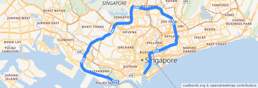 Mapa del recorrido MRT Circle Line (HarbourFront --> Promenade --> Marina Bay --> HarbourFront) de la línea  en Singapore.