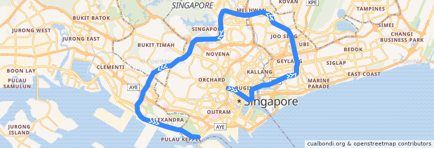 Mapa del recorrido MRT Circle Line (Dhoby Ghaut --> Promenade --> HarbourFront) de la línea  en Singapore.