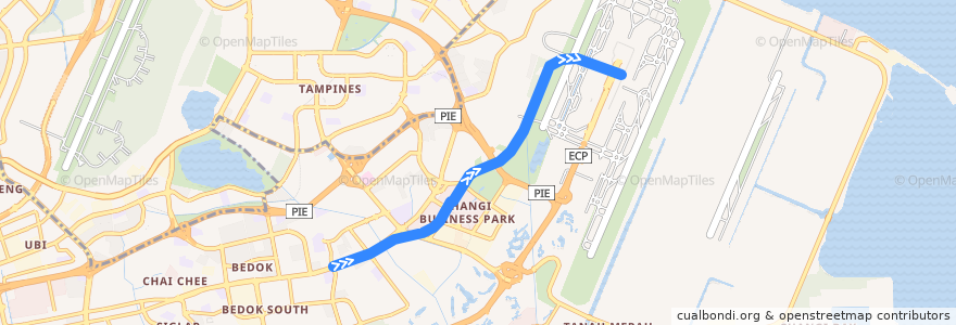 Mapa del recorrido MRT East-West Line (Tanah Merah --> Changi Airport) de la línea  en 东南区.