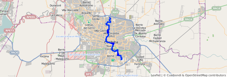 Mapa del recorrido 8 de la línea A (Azul) en Cordoba.