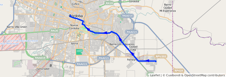 Mapa del recorrido 8 de la línea N (Naranja) en Córdoba.