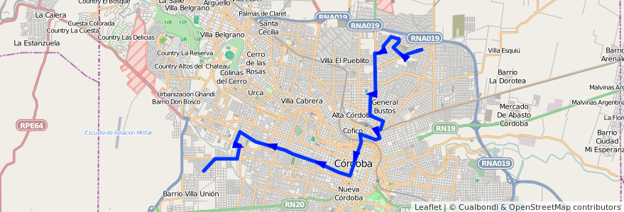 Mapa del recorrido 8 de la línea R (Rojo) en Córdoba.