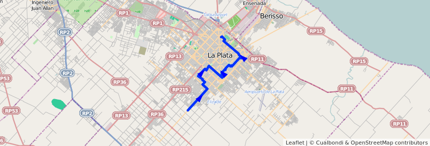 Mapa del recorrido 80 de la línea Sur en Partido de La Plata.