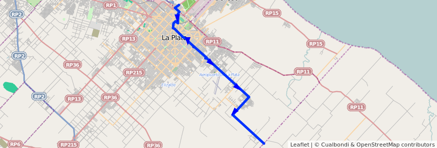 Mapa del recorrido 80 de la línea Este en Partido de La Plata.