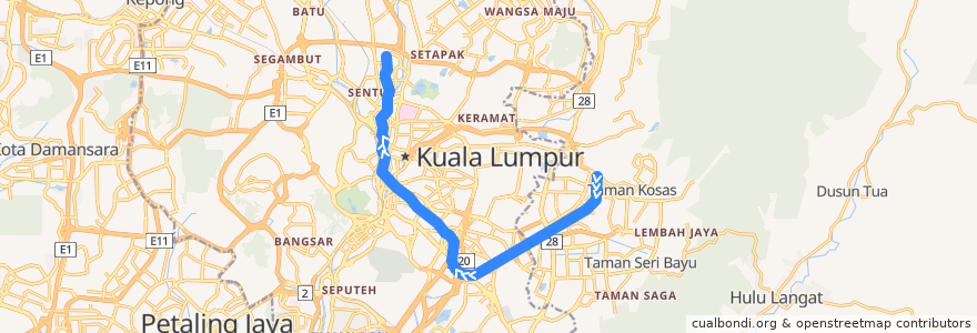 Mapa del recorrido Ampang Line (Ampang --> Sentul Timur) de la línea  en Selangor.