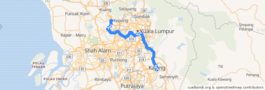 Mapa del recorrido Laluan Kajang (Kajang --> Sungai Buloh) de la línea  en سلاغور.