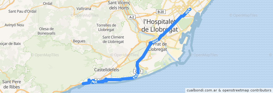 Mapa del recorrido L94 Barcelona (Rda. Universitat) => Castelldefels (Les Botigues) de la línea  en España.