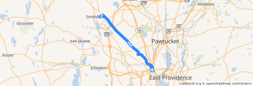 Mapa del recorrido RIPTA 50 Douglas Avenue to Bryant University de la línea  en Providence County.