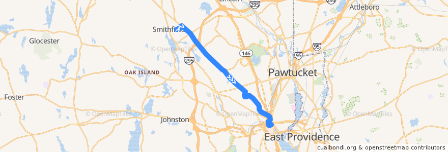 Mapa del recorrido RIPTA 50 Douglas Avenue to Kennedy Plaza (from Bryant University) de la línea  en Providence County.