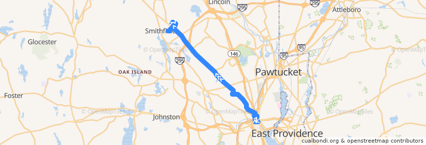 Mapa del recorrido RIPTA 50 Douglas Avenue to Bryant University via Fidelity Investments de la línea  en Providence County.