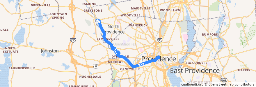 Mapa del recorrido RIPTA 27 Broadway/Manton to Kennedy Plaza via Woonasquatucket de la línea  en Providence County.