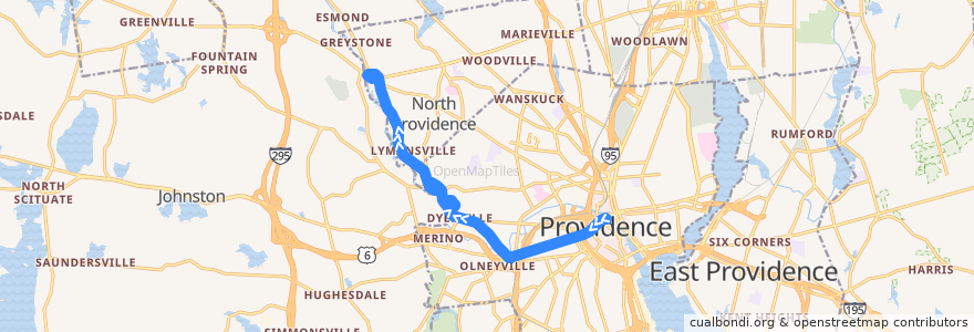 Mapa del recorrido RIPTA 27 Broadway/Manton to Centerdale via Woonasquatucket de la línea  en Providence County.