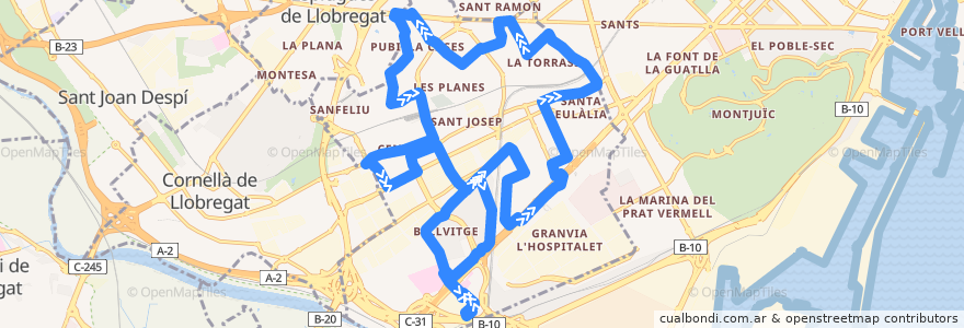 Mapa del recorrido LH2 L'hospitalet. Tanatori <=> Collblanc de la línea  en l'Hospitalet de Llobregat.