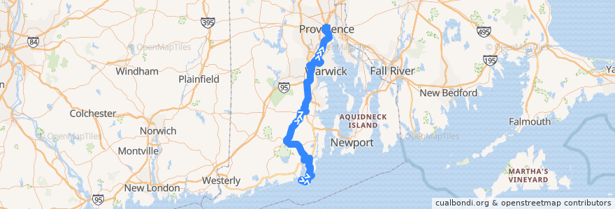 Mapa del recorrido RIPTA 66 URI/Galilee to Providence Station (via CCRI Warwick) de la línea  en رود آيلاند.