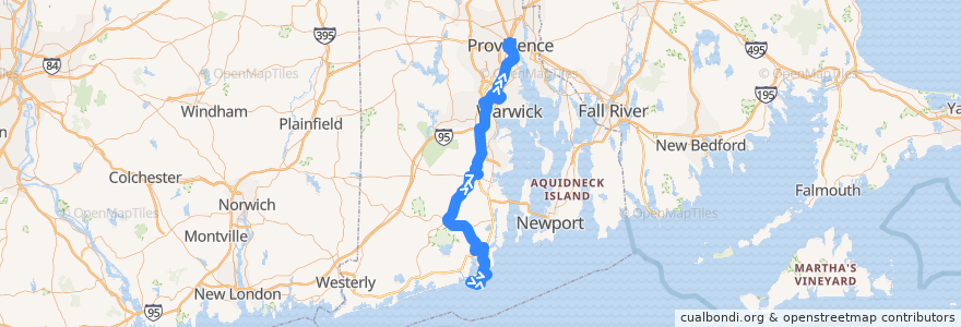 Mapa del recorrido RIPTA 66 URI/Galilee to Providence Station (via CCRI Warwick) de la línea  en Rhode Island.