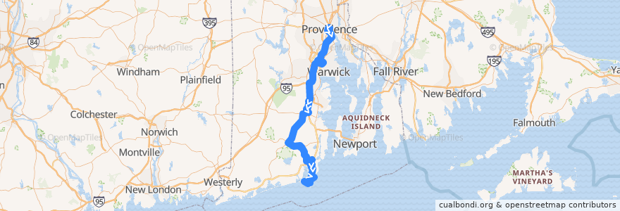 Mapa del recorrido RIPTA 66 URI/Galilee to Galilee de la línea  en Rhode Island.