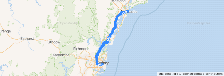 Mapa del recorrido Central Coast & Newcastle Line de la línea  en New South Wales.