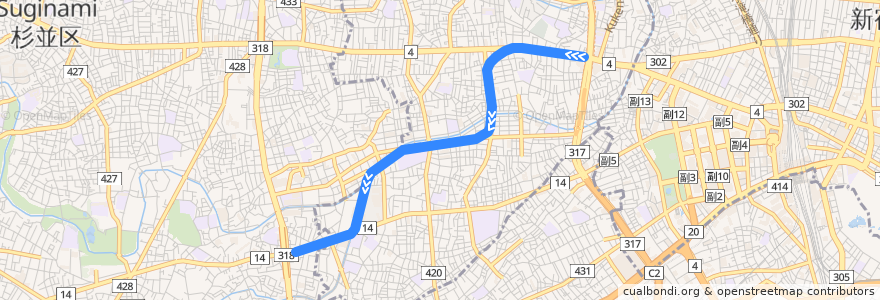 Mapa del recorrido 東京メトロ丸ノ内線 : 中野坂上→方南町 de la línea  en Tokyo.