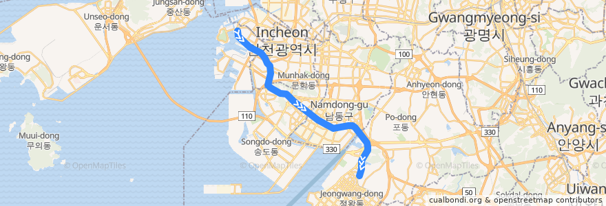 Mapa del recorrido 수도권 전철 수인선: 인천 → 오이도 de la línea  en Corée du Sud.