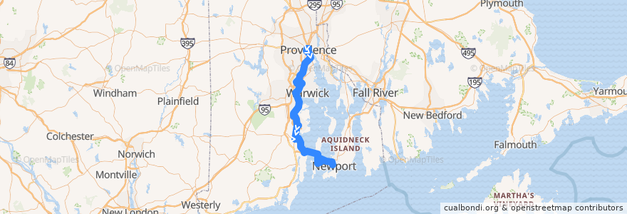 Mapa del recorrido RIPTA 14 West Bay to Newport Gateway Center (via Jamestown Ferry Landing) de la línea  en Rhode Island.
