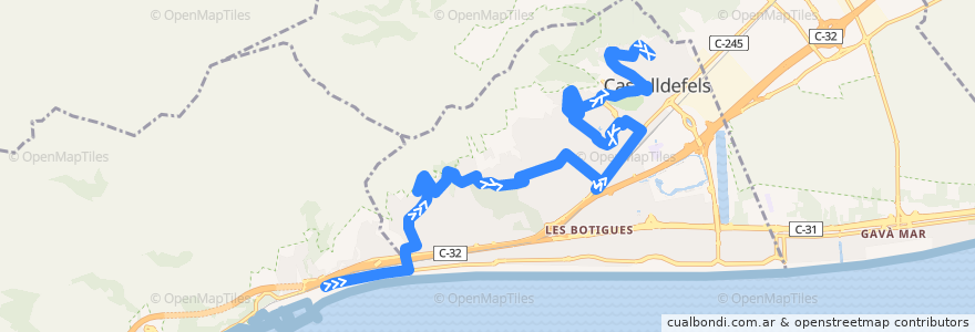 Mapa del recorrido CF1 Castelldefels. Pg. Marítim-Les Botigues => Ramón y Cajal-Agustina d'Aragó de la línea  en Castelldefels.