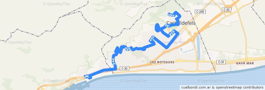 Mapa del recorrido CF1 Castelldefels. Agustina d'Aragó-Murillo => Pg. Marítim-Les Botigues de la línea  en Castelldefels.