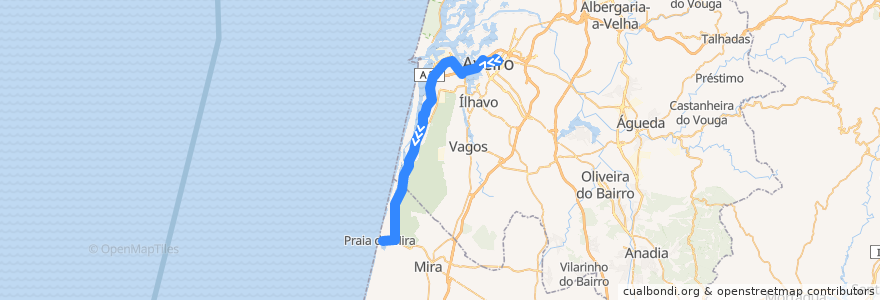 Mapa del recorrido Autocarro 5952: Aveiro => Praia de Mira de la línea  en Portugal.