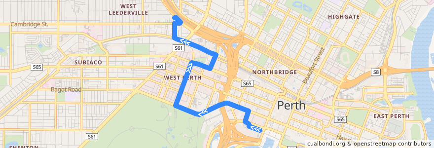 Mapa del recorrido Green CAT Elizabeth Quay Bus Station → Leederville Station de la línea  en City of Perth.