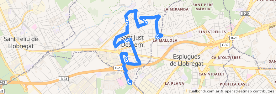 Mapa del recorrido JT St. Joan Despí ( Hospital C. Moisés Broggi) => St. Just Desvern (Barri Nord) de la línea  en Sant Just Desvern.