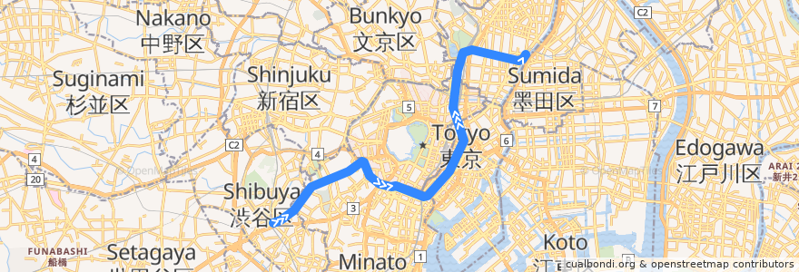 Mapa del recorrido 東京メトロ銀座線 : 渋谷→浅草 de la línea  en Tokyo.