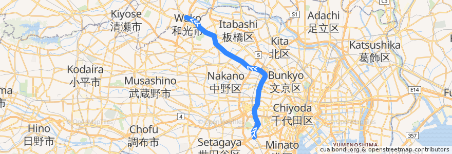 Mapa del recorrido 東京メトロ副都心線 : 渋谷→和光市 de la línea  en 東京都.