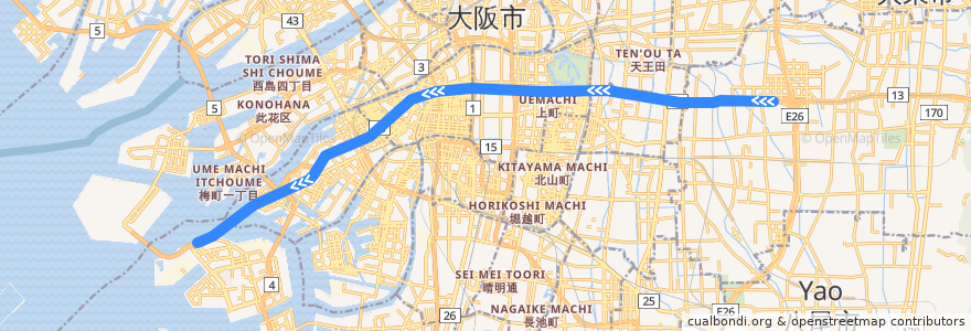 Mapa del recorrido Osaka Metro中央線 de la línea  en Osaka.