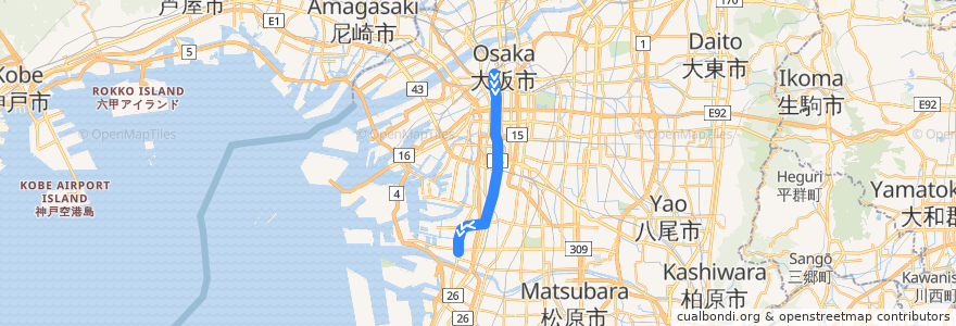 Mapa del recorrido Osaka Metro四つ橋線 de la línea  en 大阪市.