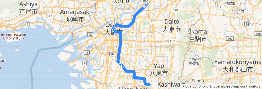 Mapa del recorrido 大阪市営地下鉄谷町線 de la línea  en Osaka.