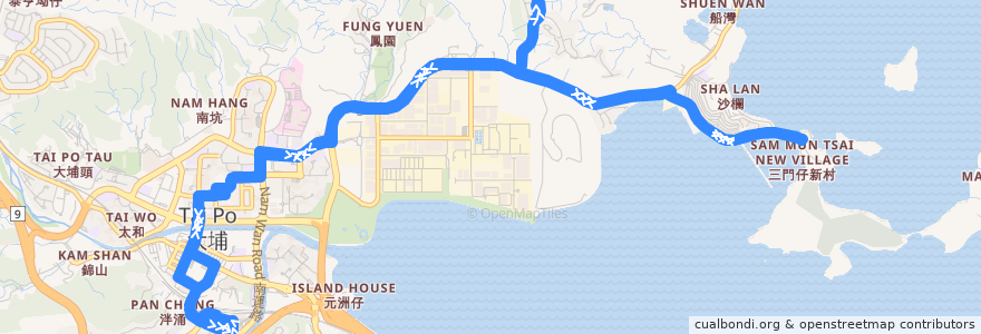 Mapa del recorrido 空調新界路線第74K號 (大埔墟站 → 香港教育大學 → 三門仔 → 大埔墟站) Air-Conditioned New Territories Route No. 74K (Tai Po Market Station → EdUHK → Sam Mun Tsai → Tai Po Market Station) de la línea  en 大埔區 Tai Po District.