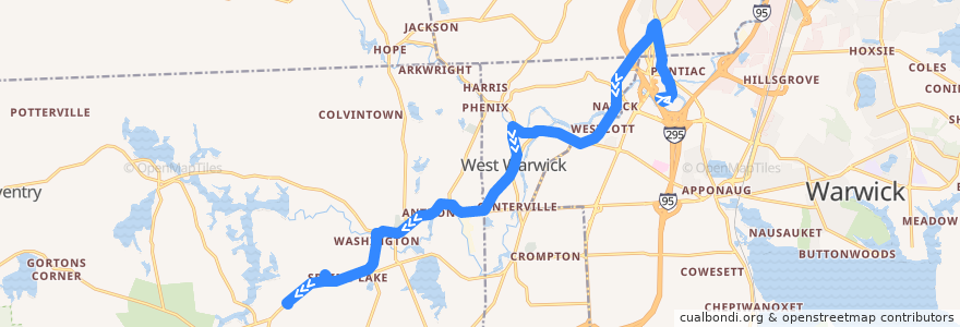 Mapa del recorrido RIPTA 13 Coventry/Arctic/Warwick Mall to Woodland Manor de la línea  en Kent County.