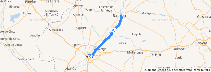 Mapa del recorrido RL1: Lleida-Pirineus - Balaguer de la línea  en Lleida.