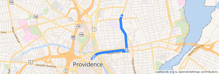 Mapa del recorrido 1 Hope High School via Hope de la línea  en Providence.