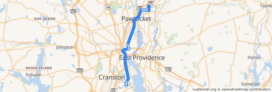 Mapa del recorrido RIPTA 1 Hope/Eddy to South Attleboro T Station de la línea  en Providence County.