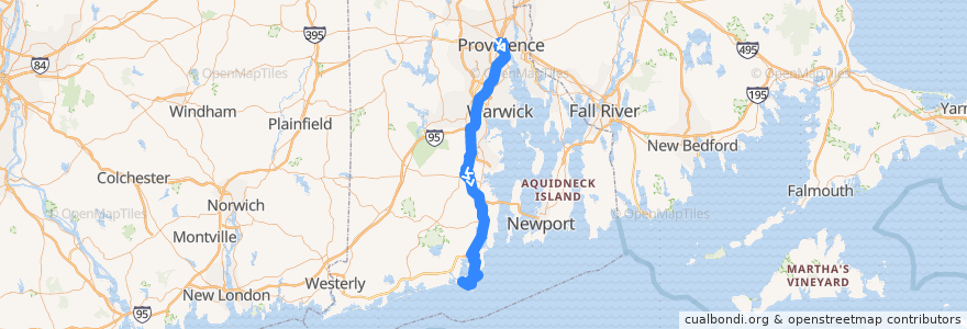 Mapa del recorrido RIPTA 65x Wakefield Park-n-Ride to Galilee de la línea  en Rhode Island.